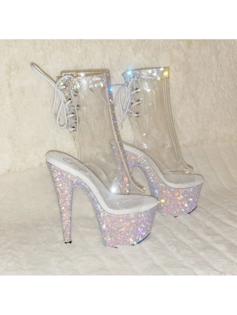 Bejeweled Rhinestone Platform Heel Ankle Boots Wit